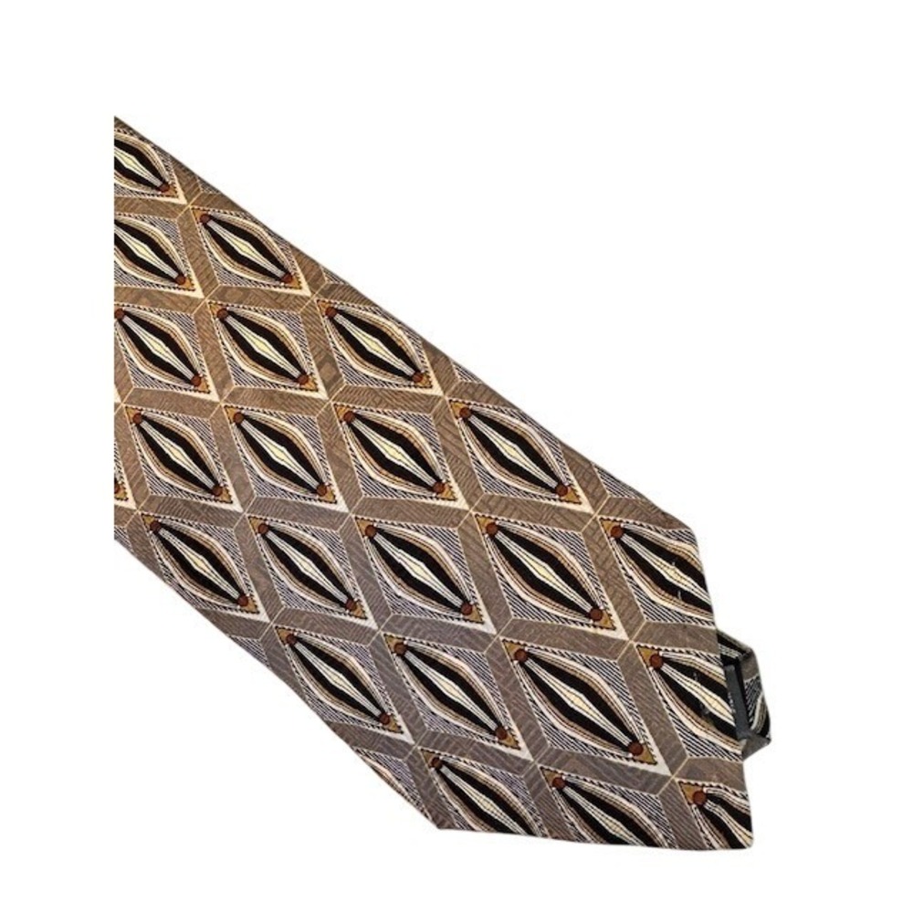 Zylos George Machado Mens Silk Tie Grey Black Gold Geometric‎ Diamond Print Wide